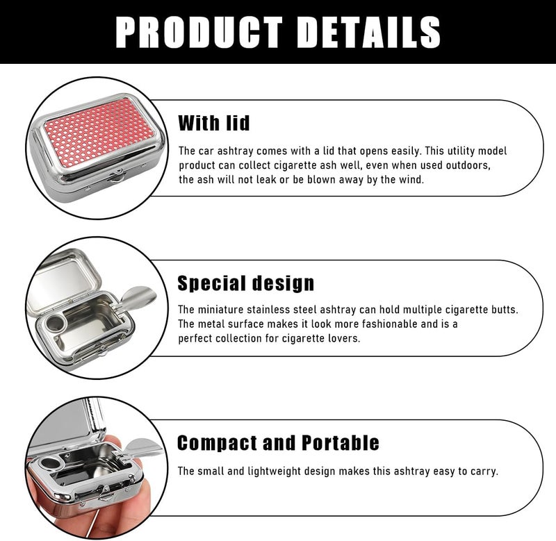 Yourkar Portable Ashtrays, Stainless Steel Carry-on Mini Ashtray with Windproof Lid, Portable Waterproof Creative Pocket Ashtray for Outdoor Cars, Universal Car Accessories (Red) - Image 3